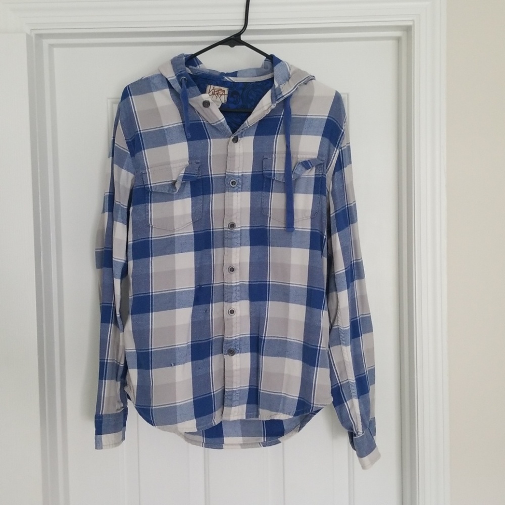 Blue,  Grey,  and White Plaid Hooded Long Sleeve